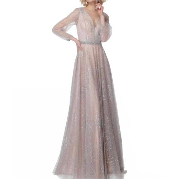 NEW JOVANI glittered v-neck a-line dress in nude